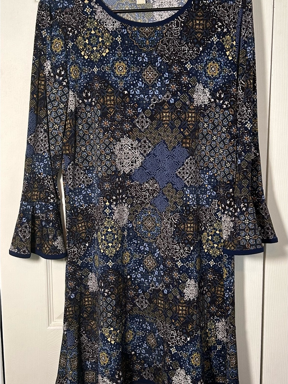 MICHAEL Michael Kors Women's Blue/Gold Boho Mosaic Dress W/Bell Sleeves Size L